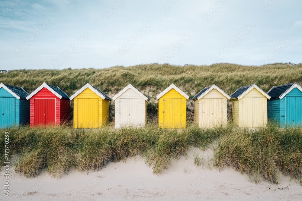 Colorful Beach Huts Lined Up Against a Backdrop of Dunes Colorful Beach Huts Lined Up Against a Backdrop of Dunes