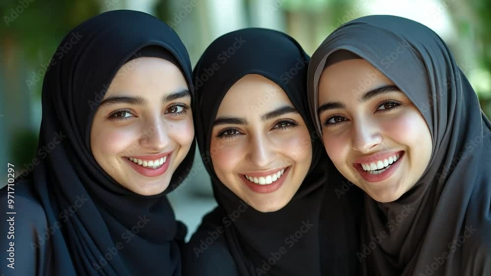 Three arabic young women wearing headscarves stand close together and smile for a portrait Three arabic young women wearing headscarves stand close together and smile for a portrait