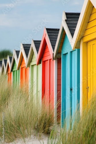 Colorful Beach Huts Lined Up Against a Backdrop of Dunes photo