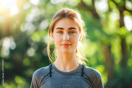 Close up portrait of a beautiful young woman in grey yoga shirt warming up for a morning run isolated on blurred green park or forest background, with copy space