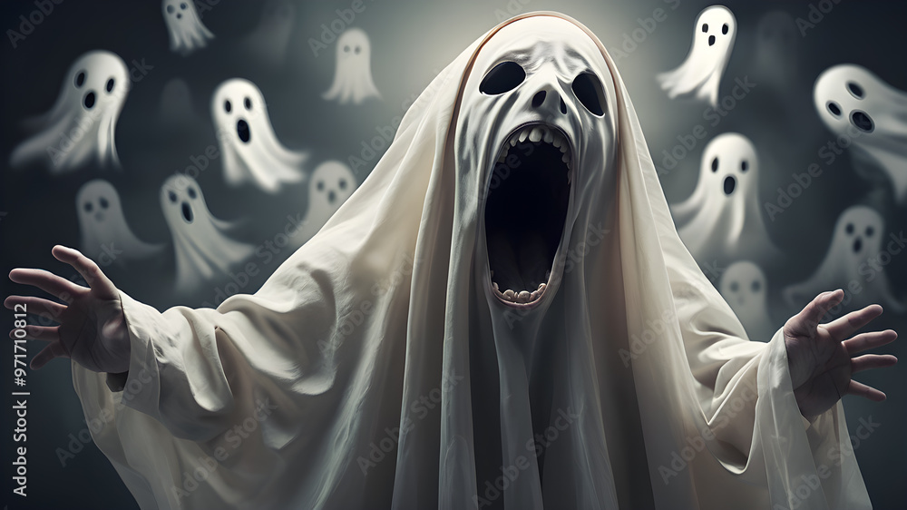 Ghosts in sheets floating in the air. Realistic Spooky Halloween ghosts. Scary white ghost, spirit monsters silhouettes. Ghosts in sheets floating in the air. Realistic Spooky Halloween ghosts. Scary white ghost, spirit monsters silhouettes.