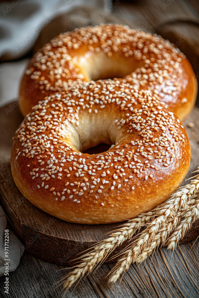 Two bagels with sesame seeds on top, with wheat stalks beside them, on a wooden background. Two bagels with sesame seeds on top, with wheat stalks beside them, on a wooden background.