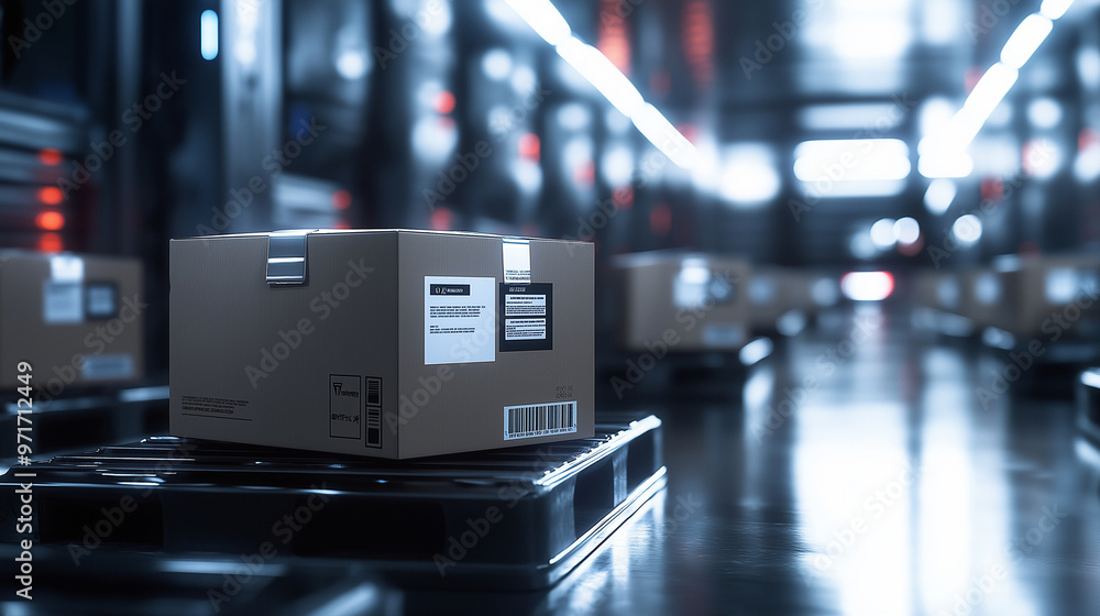 Φωτογραφία A photorealistic 3D render of a variety of boxes with shipping labels on a pallet, placed in a high-tech logistics hub, with glossy surfaces and sharp details