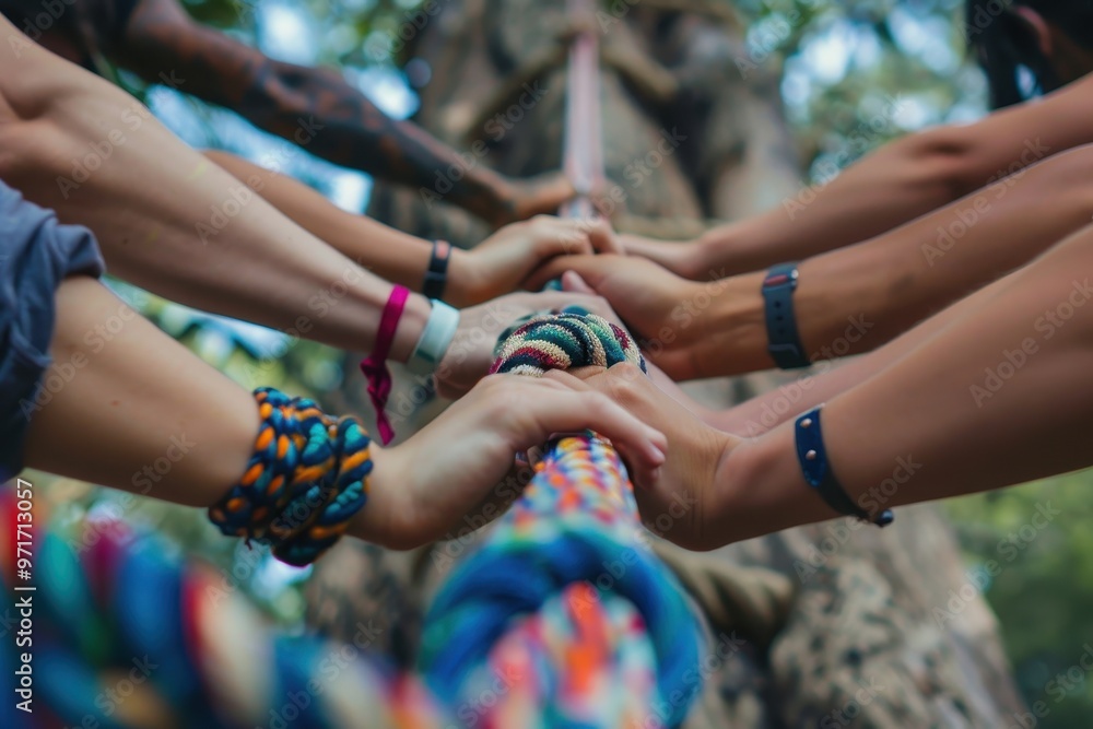 Fototapeta premium A group of diverse hands tightly grasping natural ropes, demonstrating teamwork and collaboration during an outdoor team-building activity in a forested area on a sunny day