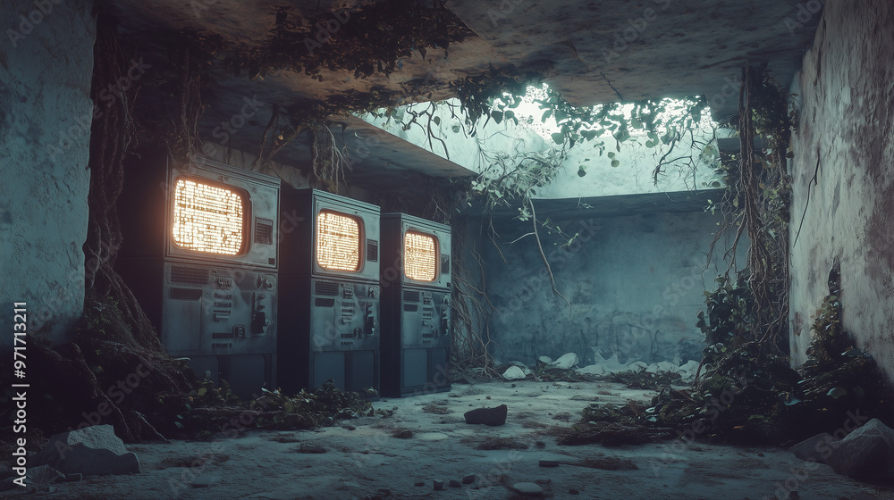 Abandoned Room with Glowing Control Panels and Overgrown Walls Abandoned Room with Glowing Control Panels and Overgrown Walls