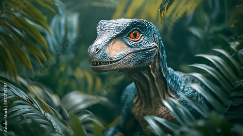 A velociraptor dinosaur with blue scales and bright red eyes peers out from behind lush green foliage. photo