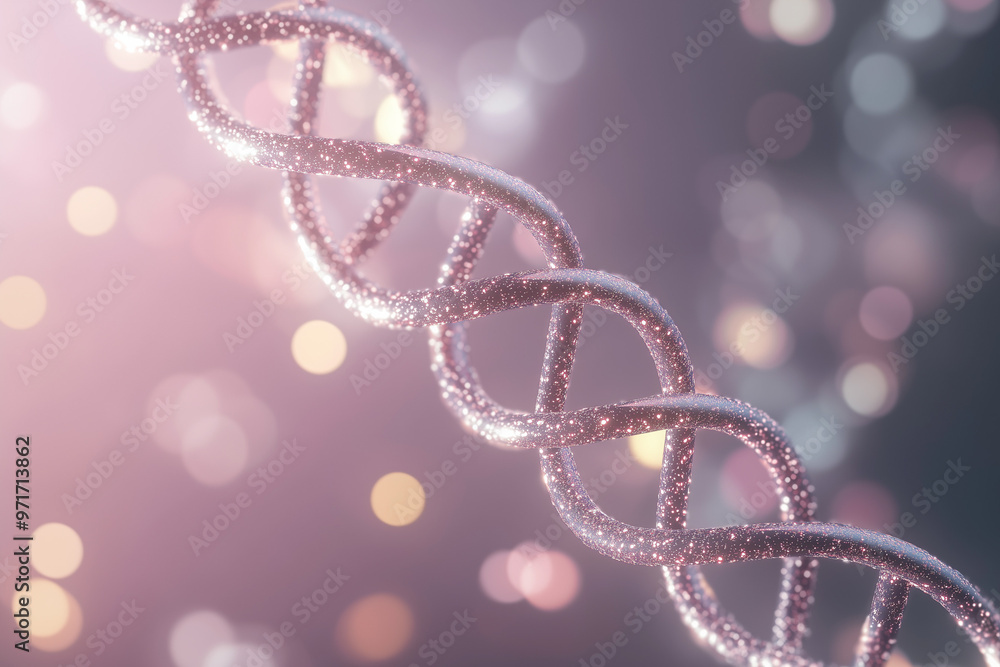 A 3D rendered DNA double helix, Close-up of a Glittering DNA Double Helix Against a Bokeh Background A 3D rendered DNA double helix, Close-up of a Glittering DNA Double Helix Against a Bokeh Background
