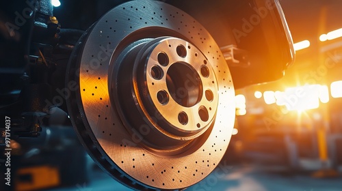 Closeup of a steel brake disc and wheel hub detail illuminated by sunlight Concept of replacing wheel pads in a garage car service