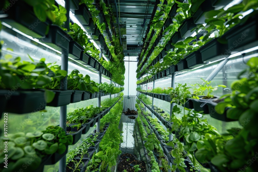 Lush green plants growing in an indoor vertical garden with various leafy greens in organized pots during daylight Lush green plants growing in an indoor vertical garden with various leafy greens in organized pots during daylight