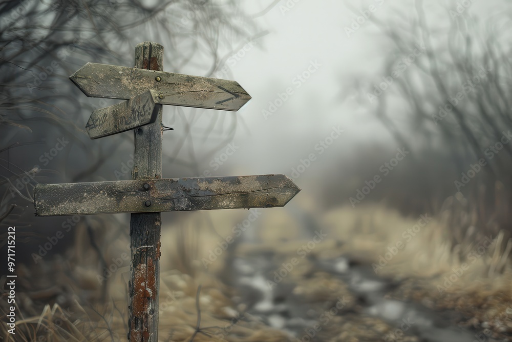 Naklejka premium Weathered signpost stands at a fork in a misty forest path surrounded by bare trees and overgrown grass on a gloomy day