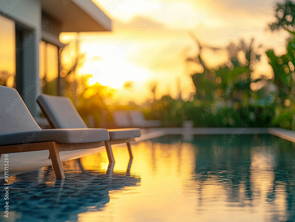 Fototapeta premium sun lounger on a modern resort terrace, overlooking a pristine infinity pool, sunset reflections on the water