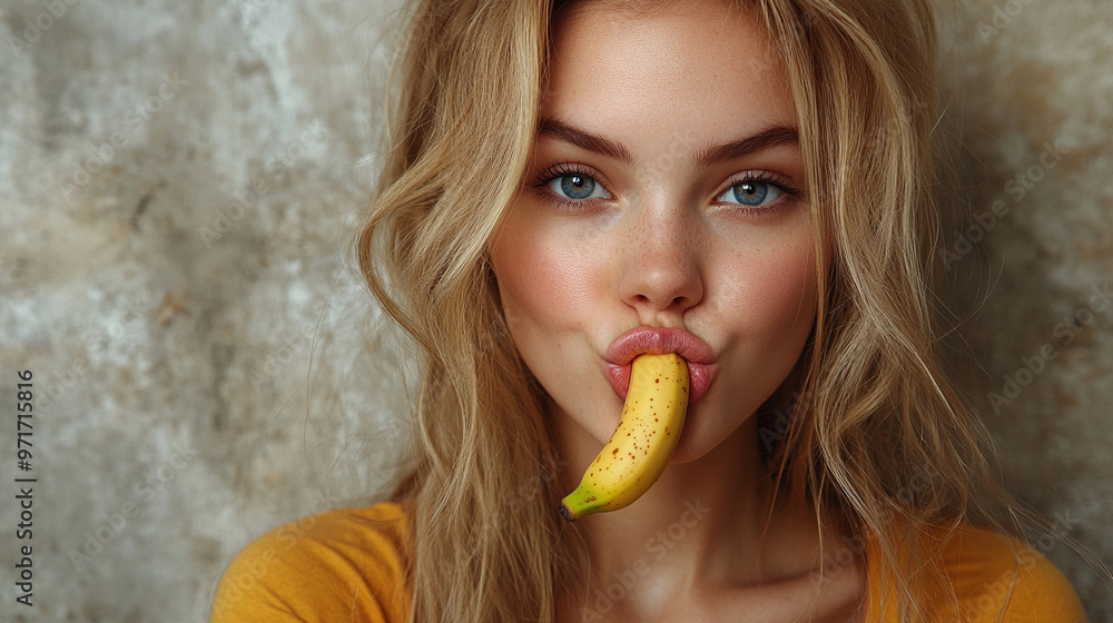 stunning young female teacher, her lips gently bitten in thought, holds a banana in her hand, symbolizing a playful approach to education and the fusion of casual and formal learning environments stunning young female teacher, her lips gently bitten in thought, holds a banana in her hand, symbolizing a playful approach to education and the fusion of casual and formal learning environments
