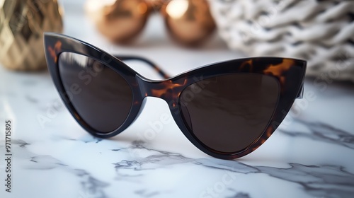 A fashionable pair of retro cat-eye sunglasses with bold, angular frames and dark tinted lenses. The design should feature dramatic upswept corners and a vintage-inspired aesthetic. Place the sunglass photo