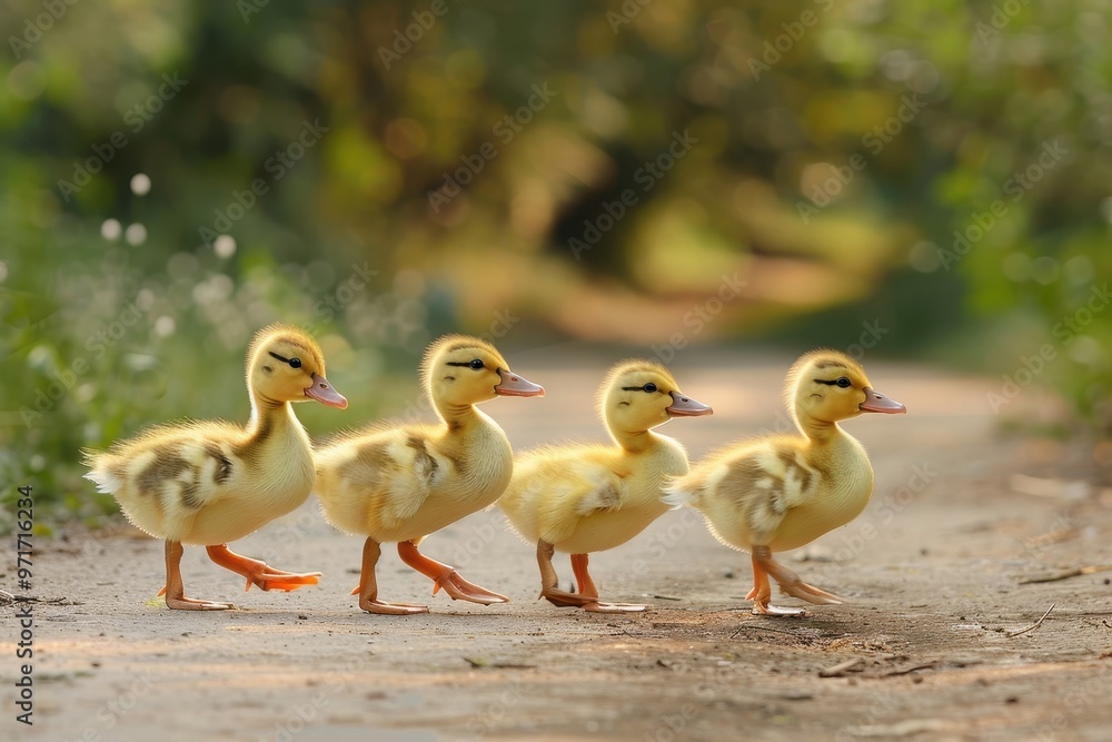 Four fluffy ducklings walking along a sunlit path in a natural setting during the golden hour, showcasing their vibrant yellow feathers and playful demeanor Four fluffy ducklings walking along a sunlit path in a natural setting during the golden hour, showcasing their vibrant yellow feathers and playful demeanor