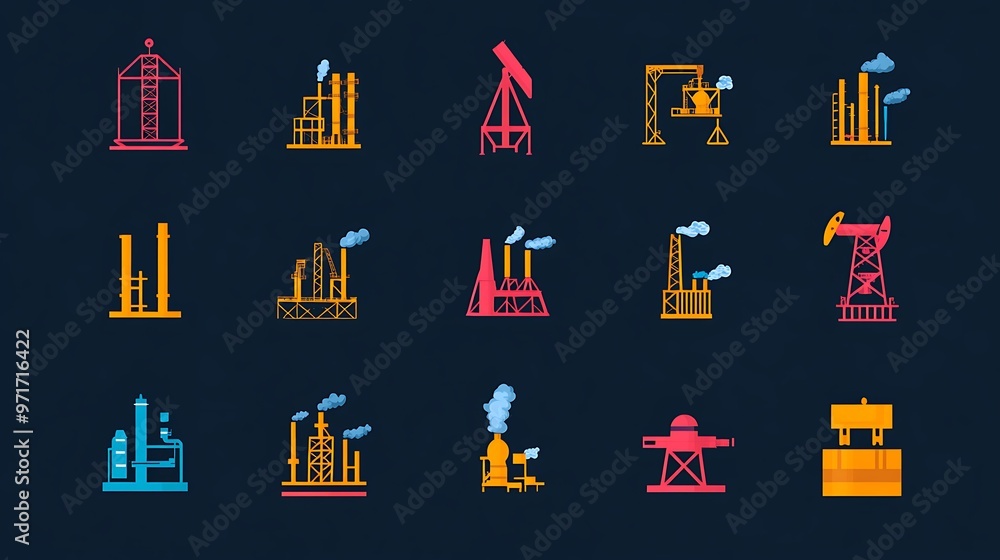 Set of large icons representing oil rigs, chemical plants, and energy facilities, with bold, high-contrast colors Set of large icons representing oil rigs, chemical plants, and energy facilities, with bold, high-contrast colors