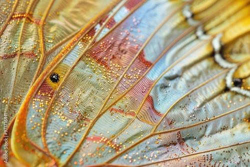 Intricate details of a butterfly wing showcasing vibrant colors and textures in natural light, highlighting the beauty of nature's design during daylight photo