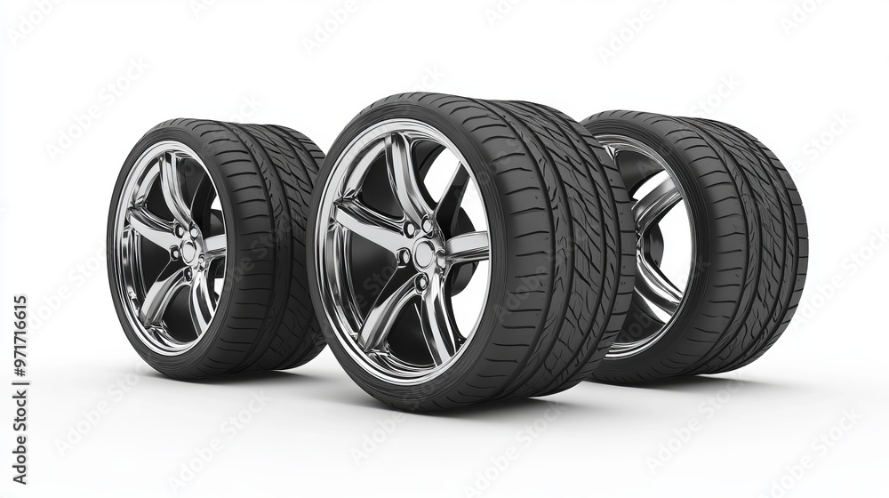 Five car wheels shown in a 3D rendering isolated on a white background Five car wheels shown in a 3D rendering isolated on a white background