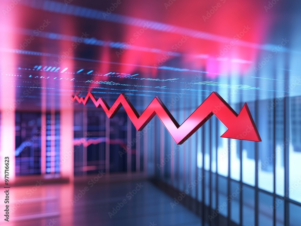 Corporate Crisis Concept - Red Arrow Over Falling Blue Line Graph in Office Setting Corporate Crisis Concept - Red Arrow Over Falling Blue Line Graph in Office Setting
