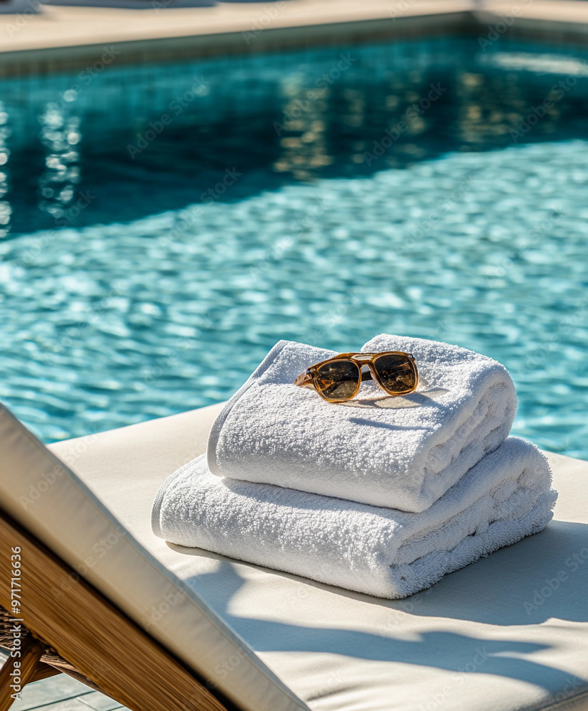sun lounger at an upscale resort, clear blue water reflecting sunlight, luxury towels and accessories, contemporary design sun lounger at an upscale resort, clear blue water reflecting sunlight, luxury towels and accessories, contemporary design