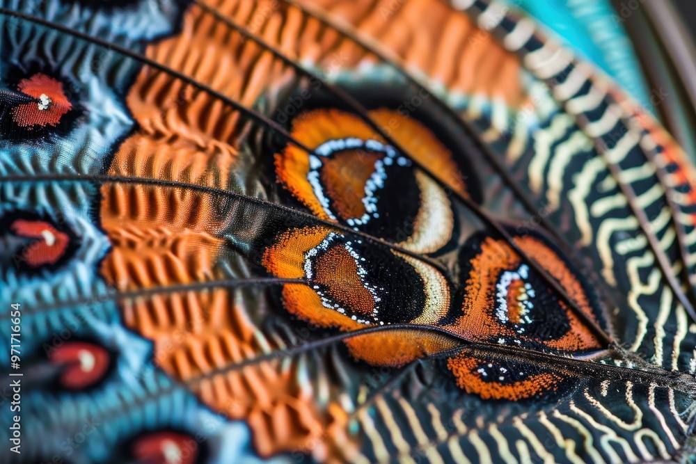 Close-up of a vibrant butterfly wing showcasing intricate patterns and colors common to tropical species, highlighting the beauty of nature in detail Close-up of a vibrant butterfly wing showcasing intricate patterns and colors common to tropical species, highlighting the beauty of nature in detail