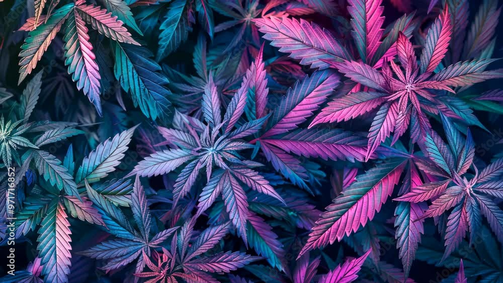 Colorful cannabis leaves creating a vibrant natural backdrop in vivid shades of purple and green during daytime Colorful cannabis leaves creating a vibrant natural backdrop in vivid shades of purple and green during daytime
