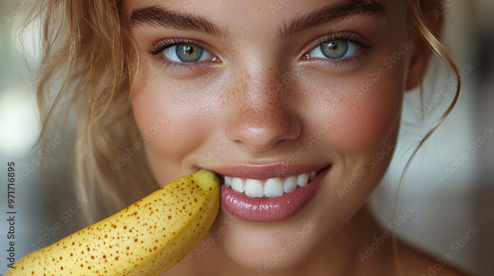 stunning young female teacher, her lips gently bitten in thought, holds a banana in her hand, symbolizing a playful approach to education and the fusion of casual and formal learning environments stunning young female teacher, her lips gently bitten in thought, holds a banana in her hand, symbolizing a playful approach to education and the fusion of casual and formal learning environments