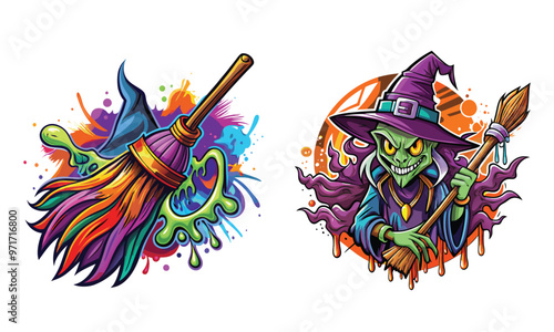 Halloween witch broom T-shirt Design, Hand drawn artistic illustration on white background, Icon Concept isolated. High-quality vector artwork ideal for creating magical Halloween t-shirt prints.