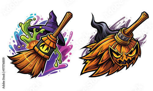 Halloween witch broom T-shirt Design, Hand drawn vector illustration on white background, Icon Concept isolated. Premium quality artwork, perfect for spooky Halloween t-shirt prints and witchy designs