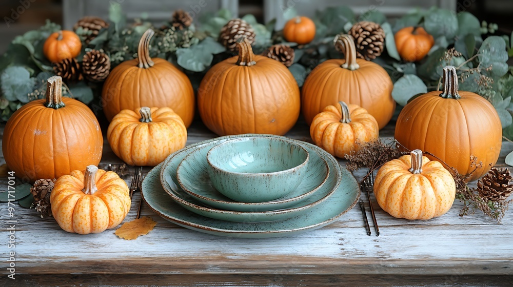 Rustic autumn table setting with pumpkins, pine cones, and eucalyptus leaves. Rustic autumn table setting with pumpkins, pine cones, and eucalyptus leaves.