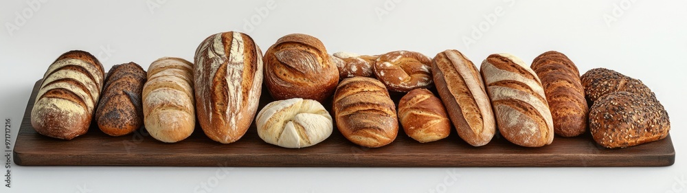 Artisan Bread Display, an assortment of freshly baked artisan breads arranged on a rustic wooden board, clean aesthetic, against a minimal white background, inviting and appetizing. Artisan Bread Display, an assortment of freshly baked artisan breads arranged on a rustic wooden board, clean aesthetic, against a minimal white background, inviting and appetizing.