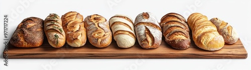 Artisan Bread Display, a collection of assorted artisan breads elegantly arranged on a rustic wooden board, set against a clean white background, showcasing their textures and colors.