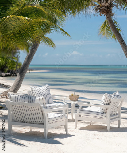 Tropical patio set on a private beach  Elegant white furniture with striped cushions on a sandy beach with crystal-clear water and palm trees