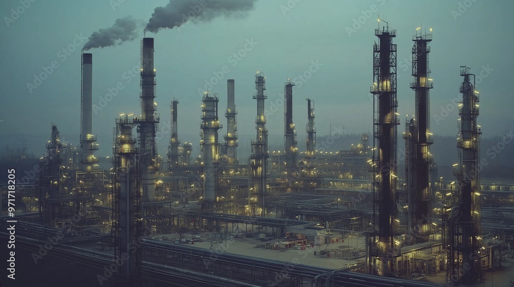 oil refinery, with towering storage tanks, pipelines, and workers oil refinery, with towering storage tanks, pipelines, and workers