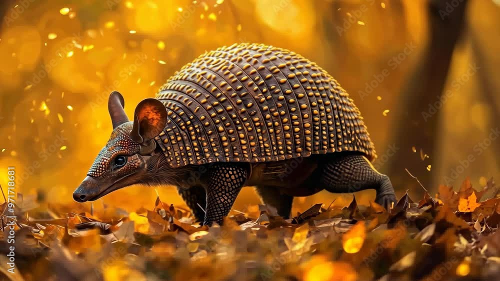 A unique armadillo foraging on fallen leaves amidst a vibrant autumn backdrop A unique armadillo foraging on fallen leaves amidst a vibrant autumn backdrop