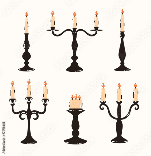 Set of Gothic candles in candlesticks. Flat vector illustration.