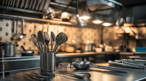 Stainless steel cooking utensils neatly arranged on a counter in a modern kitchen