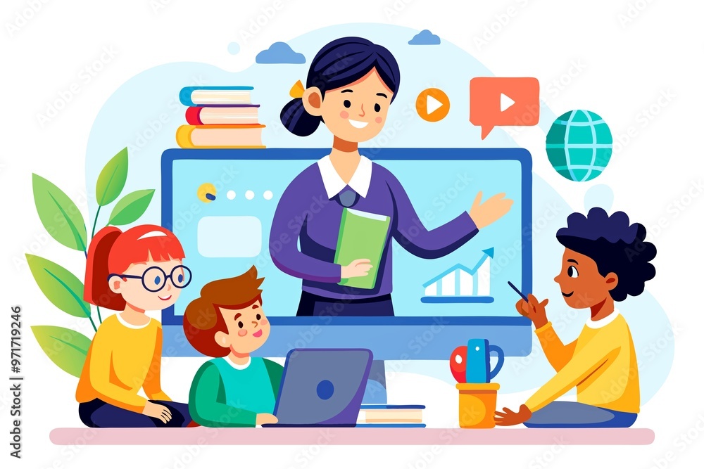 Online learning. The teacher explains to children from the monitor screen Online learning. The teacher explains to children from the monitor screen
