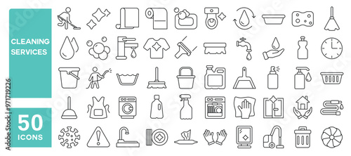 Wallpaper Mural Set of 50 line icons related to cleaning services, housework, housekeeping, wash, hygiene, brush, sponge, spray, water, dust removing, bucket, drop, liquid, mop, Editable stroke. Vector illustration Torontodigital.ca