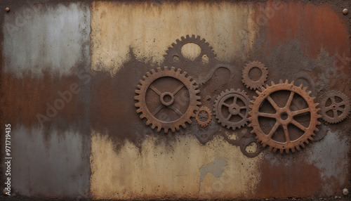 Industrial Fusion: Abstract Art with Gears, Pipes, and Textured Shapes in Rusty Reds, Steel Greys, and Muted Yellows