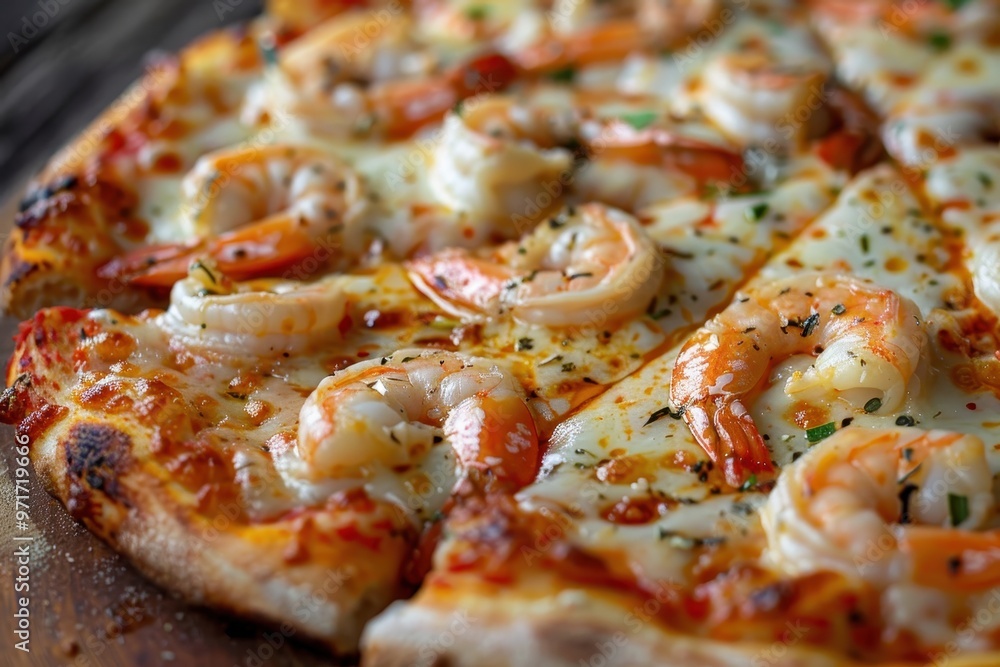 Delicious shrimp pizza topped with fresh herbs and melted cheese served in a cozy restaurant during dinner time Delicious shrimp pizza topped with fresh herbs and melted cheese served in a cozy restaurant during dinner time