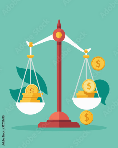 A scale with a broken dollar sign on one side and a handful of coins on the other symbolizing economic imbalance.. Vector illustration