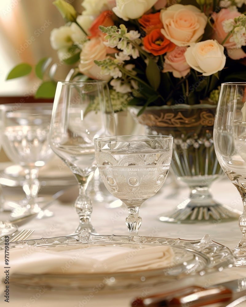 dinner setting, featuring crystal glassware, and a centerpiece of fresh flowers dinner setting, featuring crystal glassware, and a centerpiece of fresh flowers