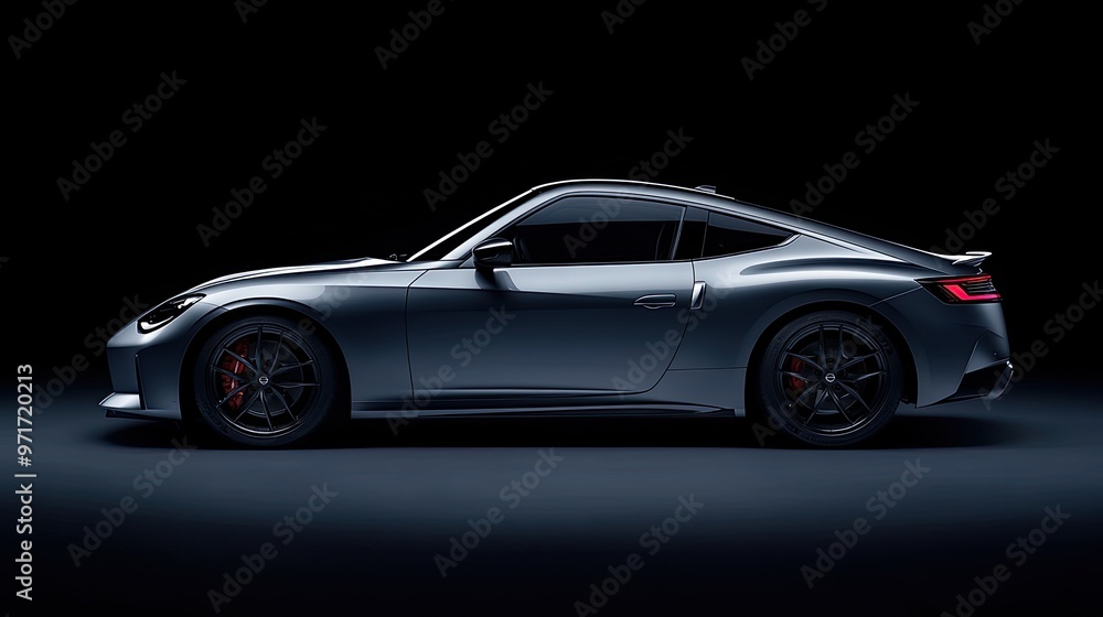 A stylish black sports car is positioned against a smooth blue background, highlighting its aerodynamic design and sleek contours A stylish black sports car is positioned against a smooth blue background, highlighting its aerodynamic design and sleek contours