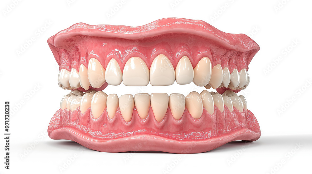 one single 3D model render illustration of plastic human smiling jaw with teeth isolated on white background one single 3D model render illustration of plastic human smiling jaw with teeth isolated on white background