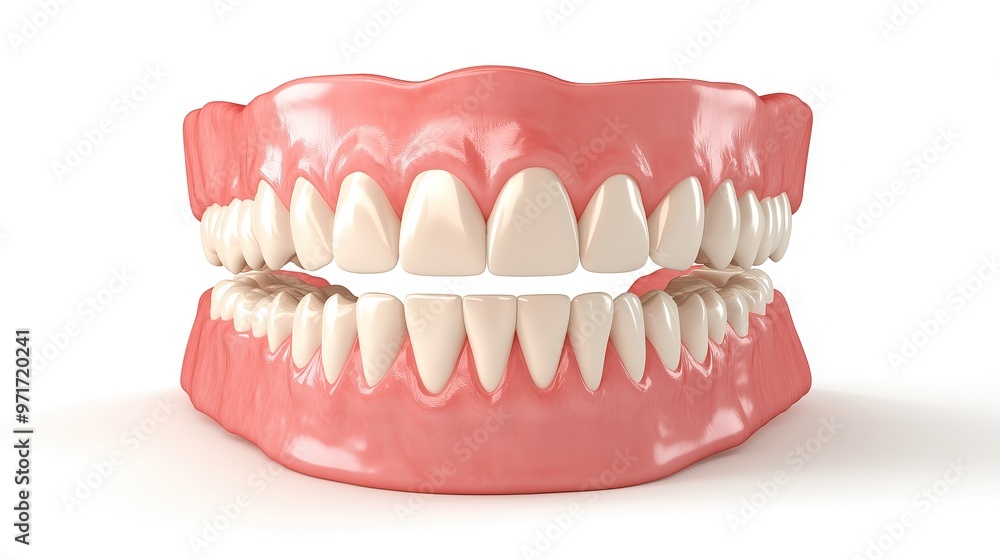 one single 3D model render illustration of plastic human smiling jaw with teeth isolated on white background one single 3D model render illustration of plastic human smiling jaw with teeth isolated on white background