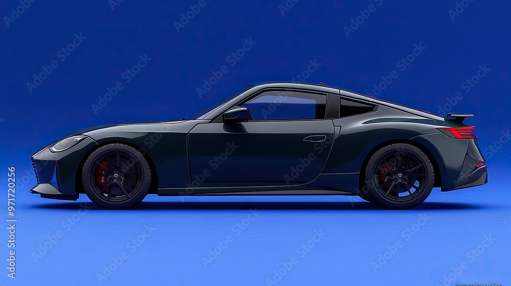 Fototapeta premium A stylish black sports car is positioned against a smooth blue background, highlighting its aerodynamic design and sleek contours