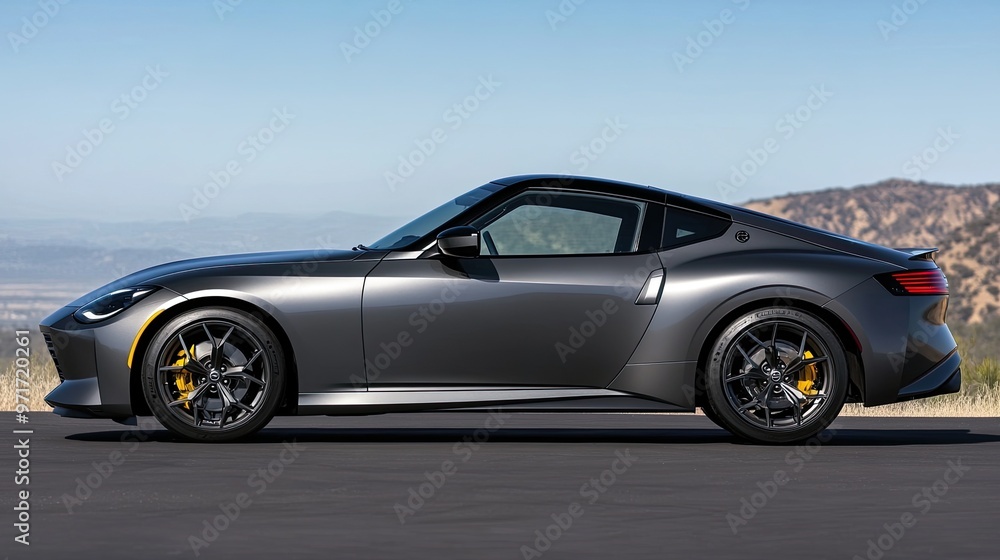 Naklejka premium A stylish black sports car is positioned against a smooth blue background, highlighting its aerodynamic design and sleek contours