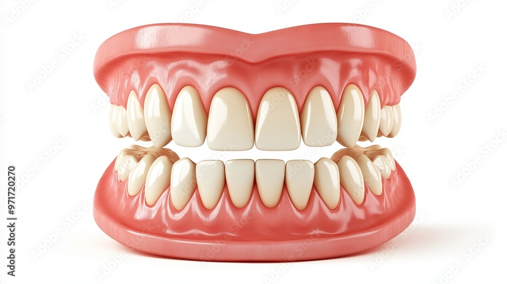 Obraz premium one single 3D model render illustration of plastic human smiling jaw with teeth isolated on white background