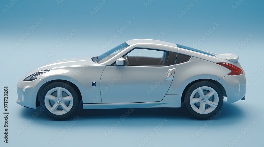 A stylish black sports car is positioned against a smooth blue background, highlighting its aerodynamic design and sleek contours A stylish black sports car is positioned against a smooth blue background, highlighting its aerodynamic design and sleek contours