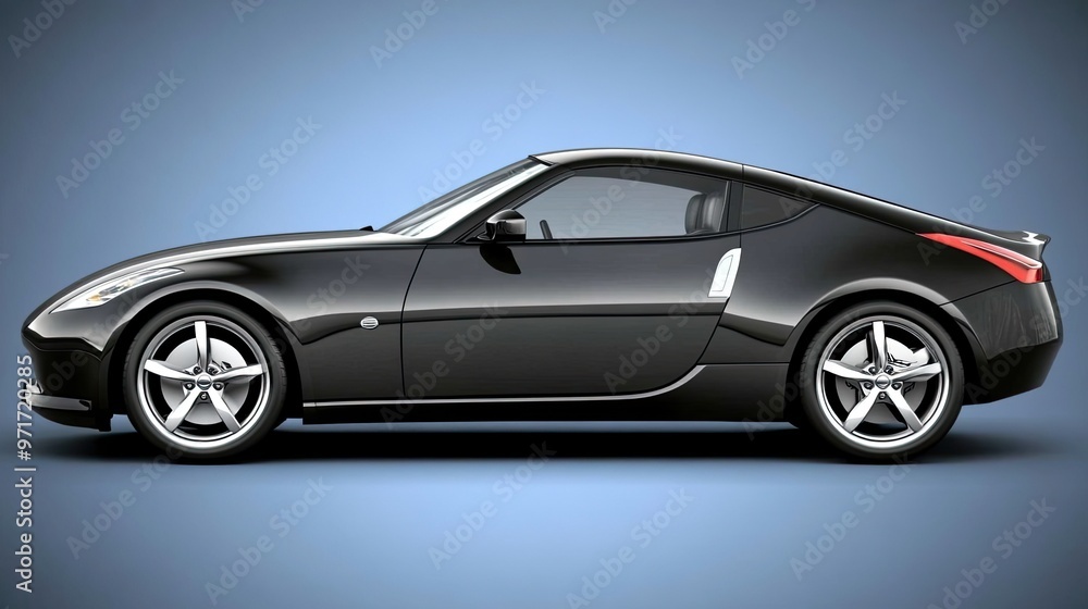 A stylish black sports car is positioned against a smooth blue background, highlighting its aerodynamic design and sleek contours A stylish black sports car is positioned against a smooth blue background, highlighting its aerodynamic design and sleek contours